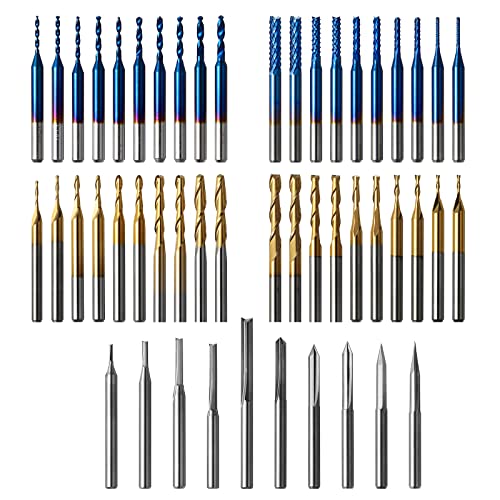 Genmitsu 50pcs Tungsten Carbide End Mill Router Bits, 1/8'' Shank CNC Bit Set Including 2-Flute Straight Bit, Flat Nose & Ball Nose End Mill, PCB Drill & V-Groove Engraving Bits, Nano Blue Coat, MC50A - Image 1
