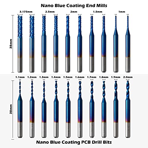 Genmitsu 50pcs Tungsten Carbide End Mill Router Bits, 1/8'' Shank CNC Bit Set Including 2-Flute Straight Bit, Flat Nose & Ball Nose End Mill, PCB Drill & V-Groove Engraving Bits, Nano Blue Coat, MC50A - Image 5