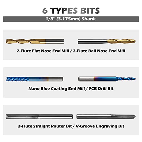 Genmitsu 50pcs Tungsten Carbide End Mill Router Bits, 1/8'' Shank CNC Bit Set Including 2-Flute Straight Bit, Flat Nose & Ball Nose End Mill, PCB Drill & V-Groove Engraving Bits, Nano Blue Coat, MC50A - Image 3