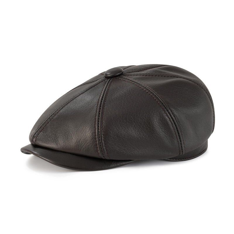 VOBOOM Men Women Genuine Newsboy Leather Cap 8 Panel Gatsby Ivy Hat (Dark Brown, 7 1/4) - Image 1