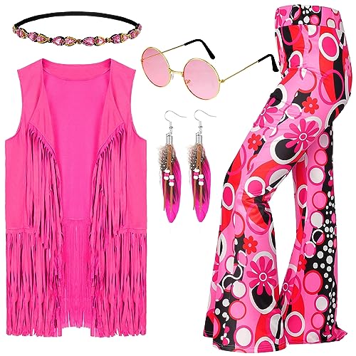 Leumoi 5 Pcs 60s 70s Costume for Women Disco Outfits Hippie Accessories Fringe Vest Boho Flared Pants Set for Halloween(Medium,Sweet) - Image 1