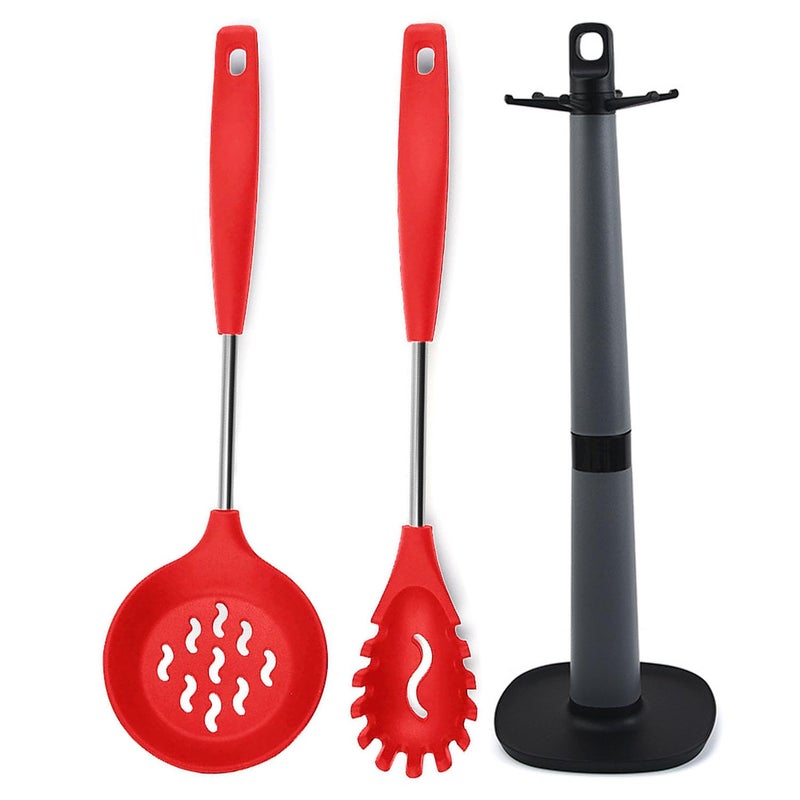WOODTULA WOODTULA Spagethi Server Pasta Spoon Skimmer Spoon for Frying Deep Fry Strainer Spatula Set for Kitchen Spatula Holder Silicone Spaghetti Fork Cooking Spoon Set for Kitchen Set of 3 Red  - Image 1