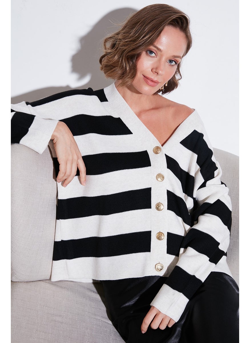 Lela Regular Fit Striped V Neck Buttoned Soft Acrylic Women's Cardigan 4615188  - Image 2