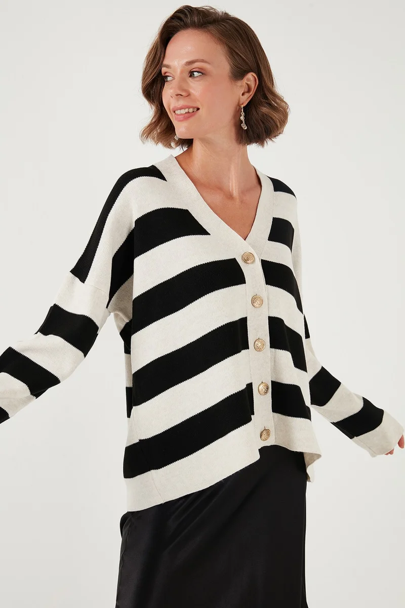 Lela Regular Fit Striped V Neck Buttoned Soft Acrylic Women's Cardigan 4615188