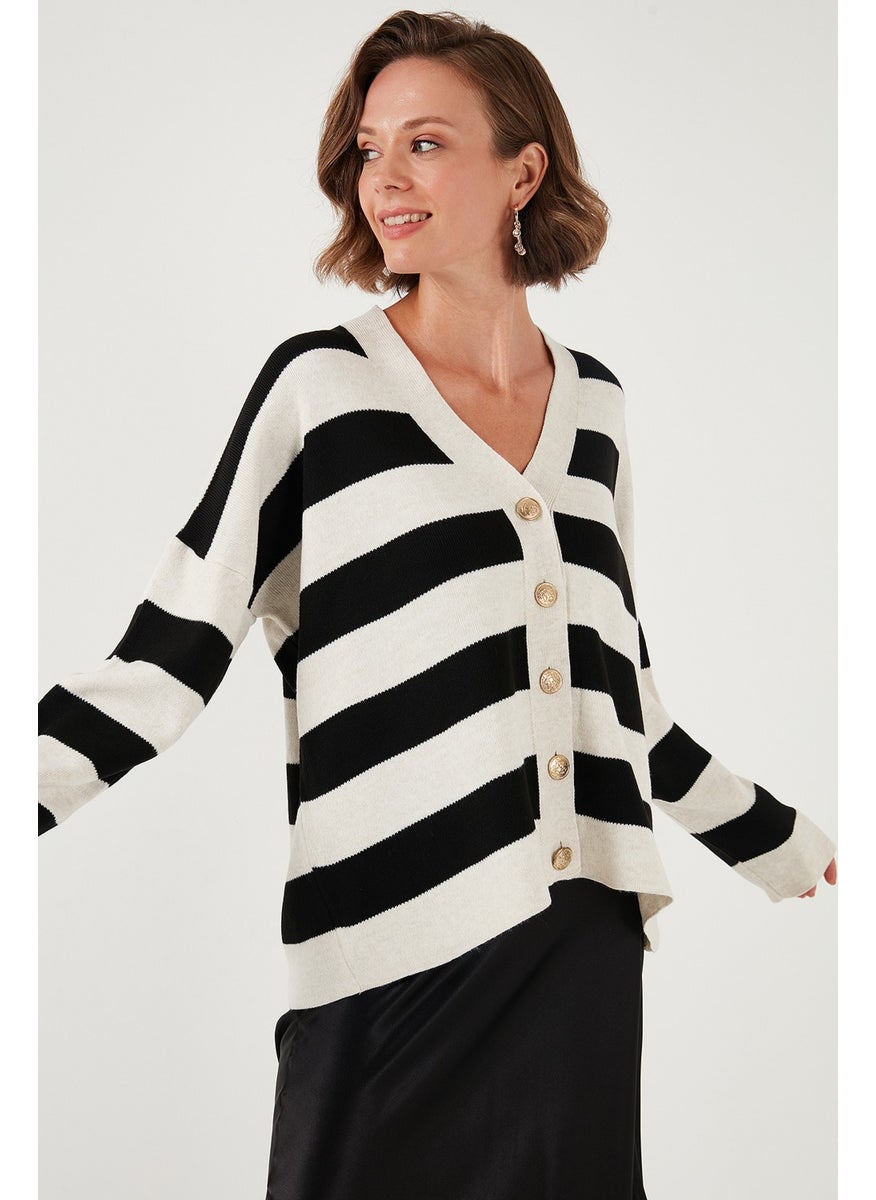 Lela Regular Fit Striped V Neck Buttoned Soft Acrylic Women's Cardigan 4615188  - Image 4