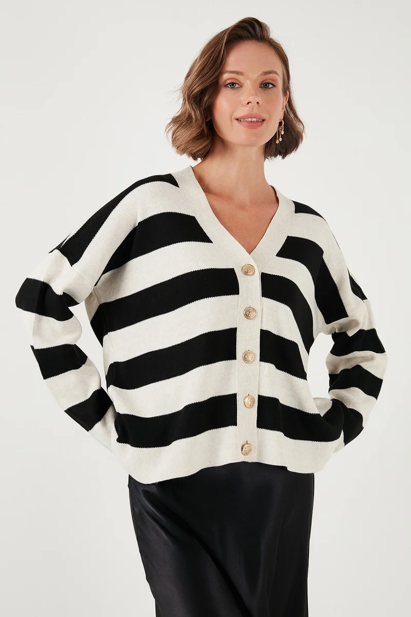 Lela Regular Fit Striped V Neck Buttoned Soft Acrylic Women's Cardigan 4615188