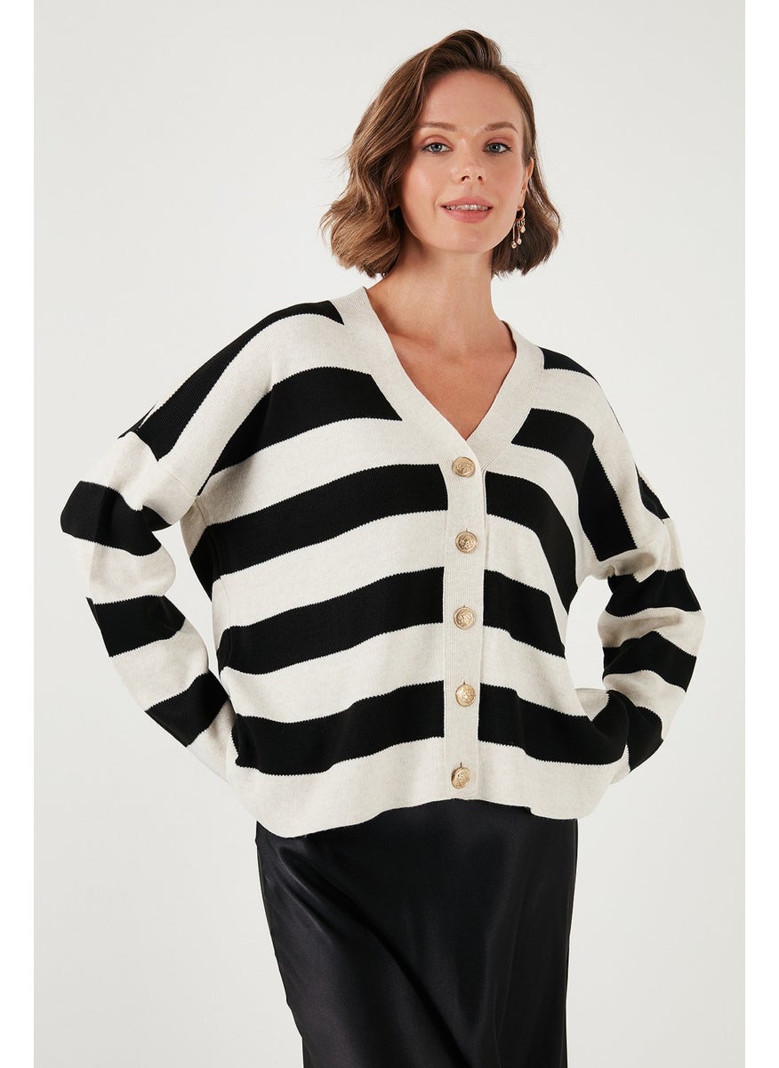 Lela Regular Fit Striped V Neck Buttoned Soft Acrylic Women's Cardigan 4615188  - Image 5
