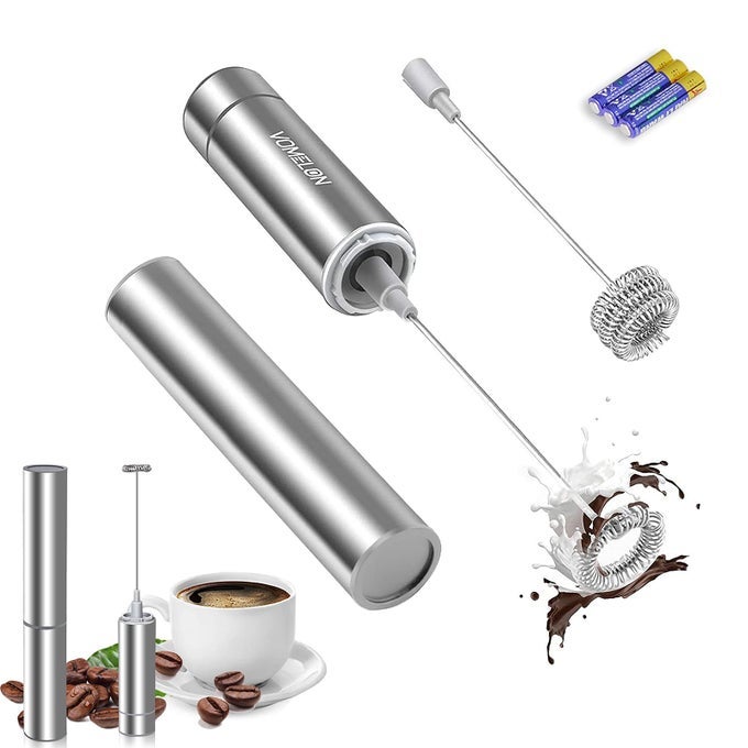 MILK FROTHER HANDHELD BATTERY OPERATED TRAVEL COFFEE FROTHER MILK FOAMER DRINK MIXER WITH 2 STAINLESS STEEL WHISKS FOR HOT CHOCOLATE BATTERIES INCLUDED SILVER