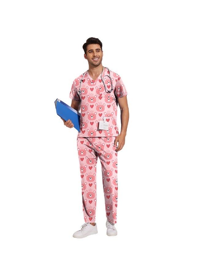 NIBEMINENT Scrub Set Men Casual Short-sleeved Pet Nurse Work Clothes Cartoon Print V-neck Dentist Work Uniform Practical Pocket - Image 3