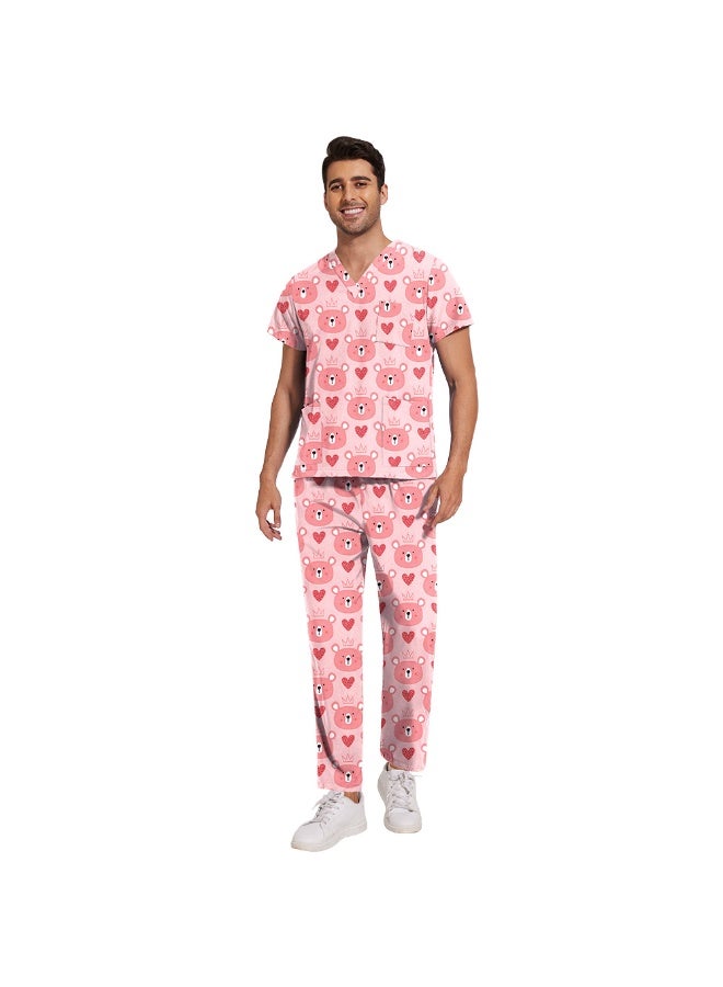 NIBEMINENT Scrub Set Men Casual Short-sleeved Pet Nurse Work Clothes Cartoon Print V-neck Dentist Work Uniform Practical Pocket - Image 1