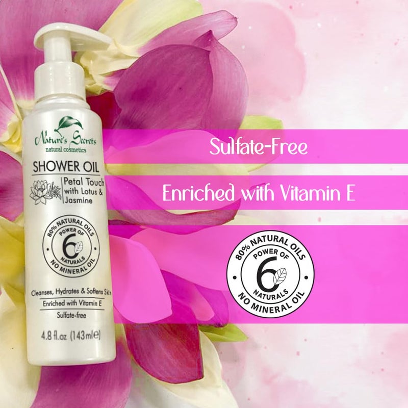 NATURES SECRETS زيت الاستحمام المنظف والمطرّي باللوز الحلو زيت إلى رغوة حليبية خالية من الكبريتات مع الياسمين واللوتس بدون زيت معدني للبشرة الجافة والجافة جداً لبشرة أكثر نعومة وسلاسة وتغذية - Image 5