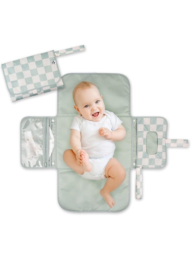 Tiny Twinkle Portable Diaper Changing Pad, Foldable Waterproof Baby Change Pad for Newborn Girl & Boy with Smart Wipes Pocket (Sage Checkers) - Image 1