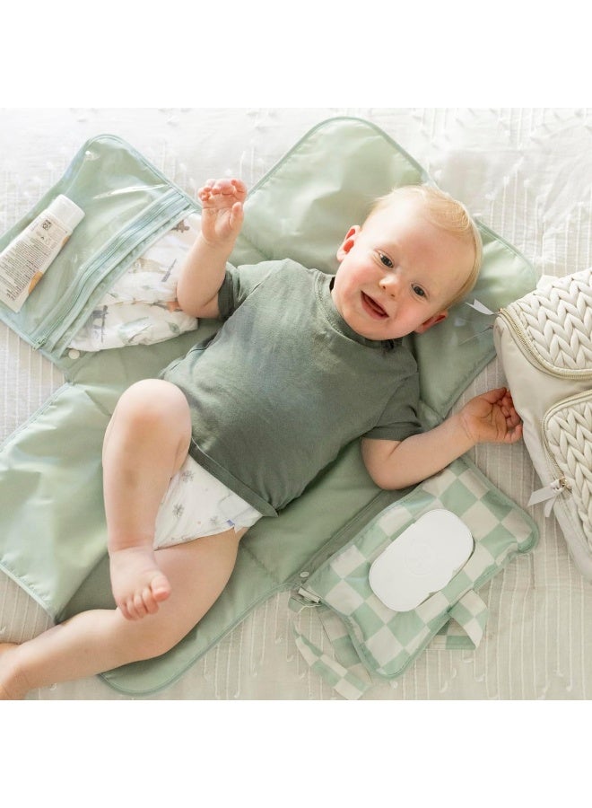 Tiny Twinkle Portable Diaper Changing Pad, Foldable Waterproof Baby Change Pad for Newborn Girl & Boy with Smart Wipes Pocket (Sage Checkers) - Image 2