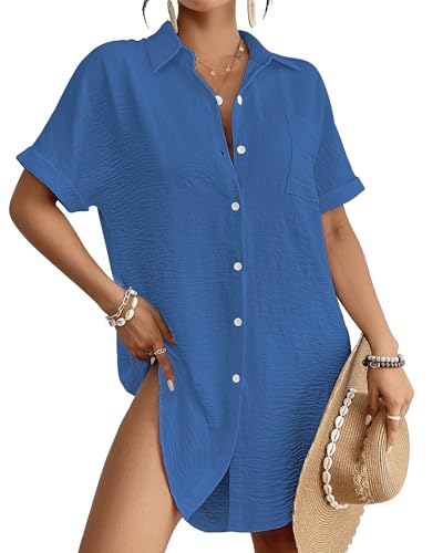 Bsubseach Women Swimsuit Coverup Shirt Dress Button Down Bathing Suit Cover Up Beach Vacation Outfits Blue S - Image 1
