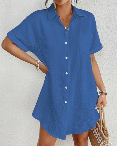 Bsubseach Women Swimsuit Coverup Shirt Dress Button Down Bathing Suit Cover Up Beach Vacation Outfits Blue S - Image 4