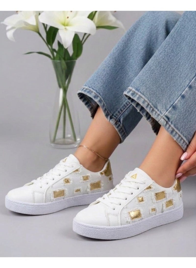 Vbranda White Sneakers with Elegant Gold Details SN-32 - Image 1