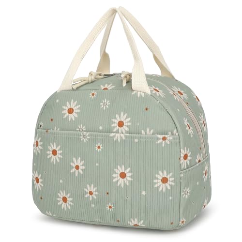 Yusudan Corduroy Lunch Bag for Women Girls Lunch Tote Bags Reusable Insulated Lunch Box for Work Picnic School Travel Green Corduroy Daisy - Image 1