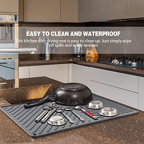 IYYI Dish Drying Mat, Silicone Dish Drying Mat for Kitchen Counter, Extra Thick & Large Dish Drainboard Mat with Built-in Drain, Non-silp, Heat Resistant, Dishwasher Safe (Black, 24" x 15") - Image 2