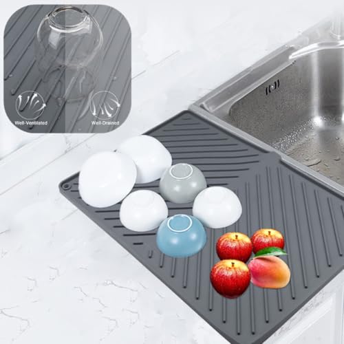 IYYI Dish Drying Mat, Silicone Dish Drying Mat for Kitchen Counter, Extra Thick & Large Dish Drainboard Mat with Built-in Drain, Non-silp, Heat Resistant, Dishwasher Safe (Black, 24" x 15") - Image 4
