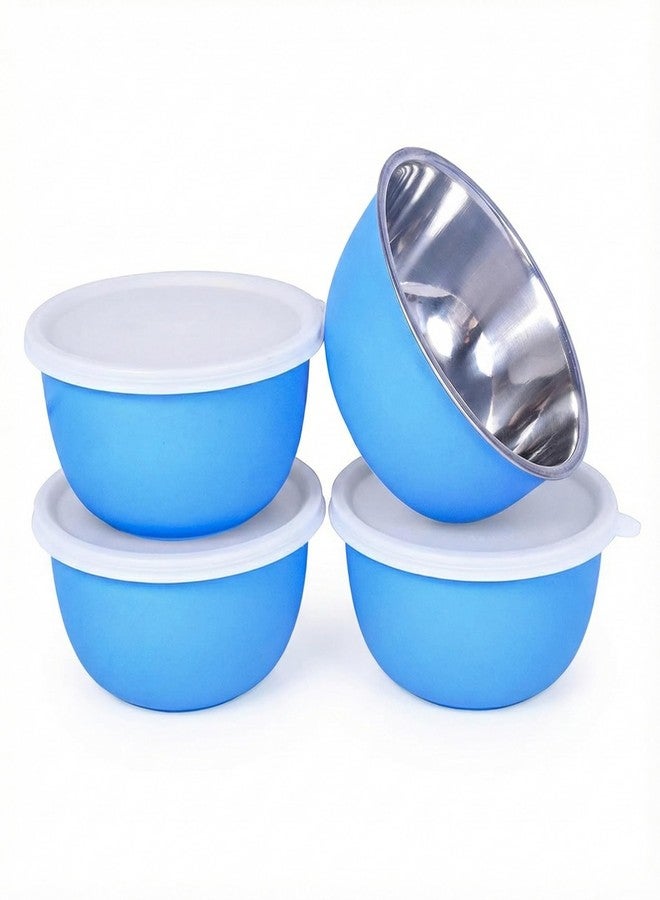 Zaib Microwave Safe Stainless Steel Food Storage Bowl with Lid | Snack Serving Cooked Food Storage Container for Kitchen Capacity- 500 ML Each (Blue 500 ML White Lid) - Image 1