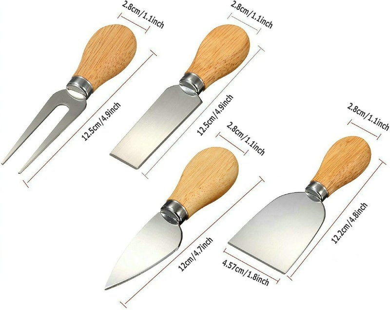 4-Piece Stainless Steel Cheese Knife Set with Wooden Handles – Includes Fork, Spreader, Chisel, and Plane for Cutting Hard and Soft Cheese - Image 3