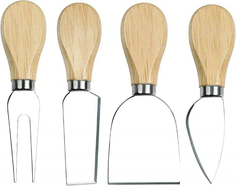 4-Piece Stainless Steel Cheese Knife Set with Wooden Handles – Includes Fork, Spreader, Chisel, and Plane for Cutting Hard and Soft Cheese - Image 1