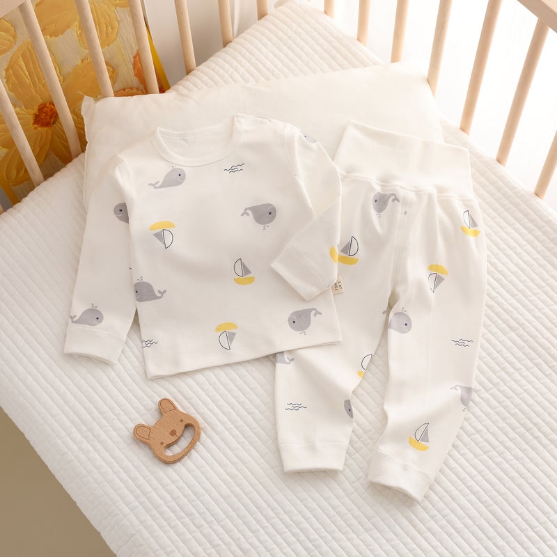 Newborn Split-Bodysuit Set All-Cotton Sleepwear Grey Whale Buckle-Shoulder Body Suit
