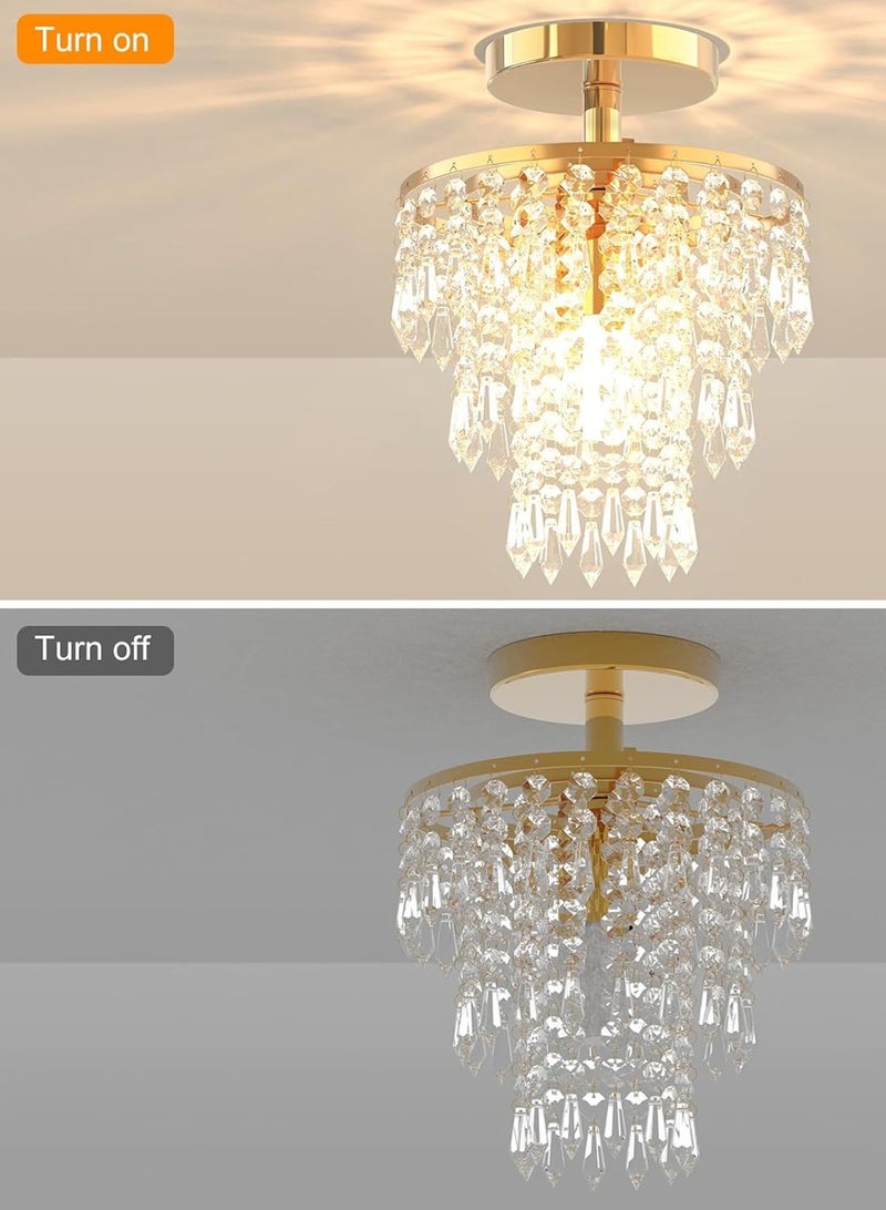 LOOPITYS Golden modern crystal chandelier (diameter 20CM/7.87 inches with E27 bulbs with color temperature 3000K-6000K) three-layer raindrop crystal ceiling light, entrance hall light ceiling light, entrance hall walk-in closet restaurant - Image 3