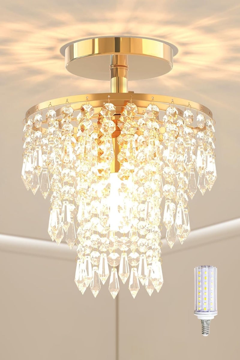 LOOPITYS Golden modern crystal chandelier (diameter 20CM/7.87 inches with E27 bulbs with color temperature 3000K-6000K) three-layer raindrop crystal ceiling light, entrance hall light ceiling light, entrance hall walk-in closet restaurant - Image 1