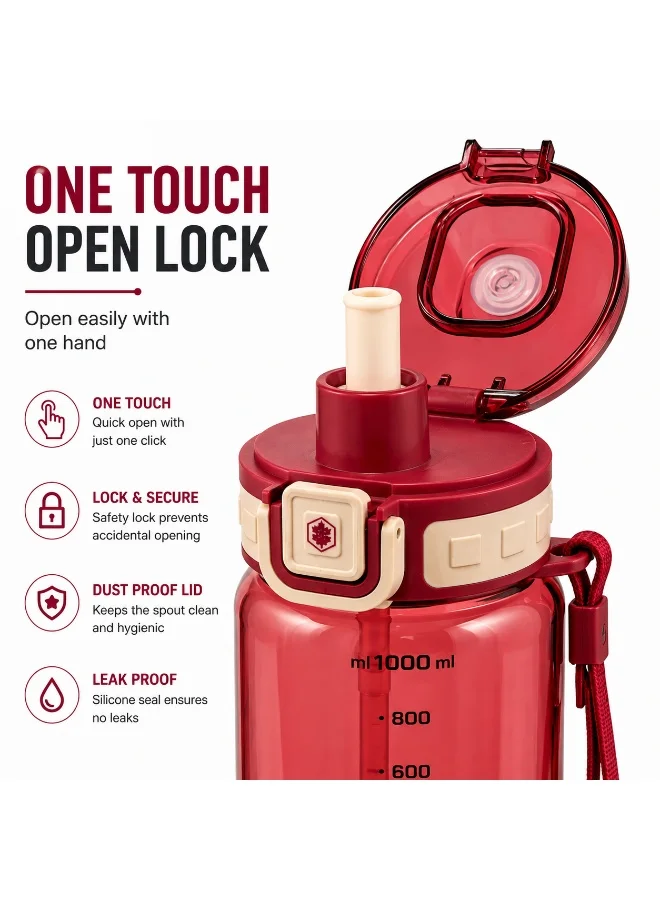 لامبرجاك Lumberjack 1000ml Red Water Bottle with Carry Strap, Built-In Straw & Grip, Sports Bottle for Gym, Travel & Everyday Use