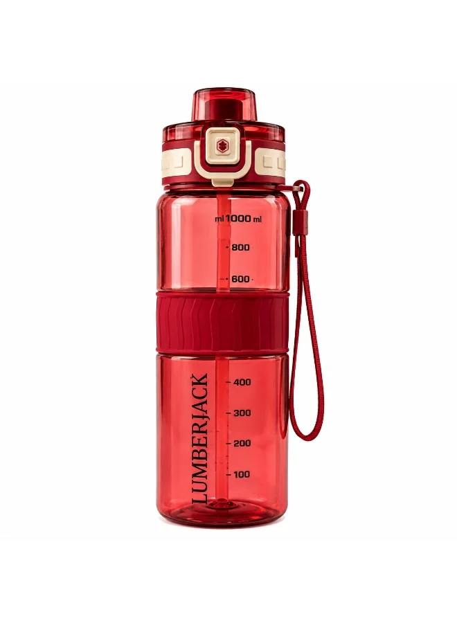 لامبرجاك Lumberjack 1000ml Red Water Bottle with Carry Strap, Built-In Straw & Grip, Sports Bottle for Gym, Travel & Everyday Use