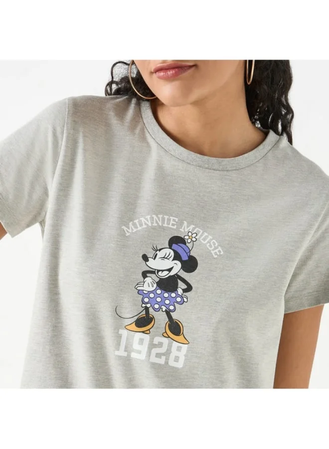SP Characters Minnie Mouse Print Crew Neck T-shirt with Short Sleeves