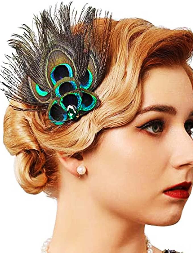 GENBREE 1920s Flapper Headband Peacock Feather Hair Clip Rhinestone Cocktail Hair Accessories for Women and Girls Style 2 