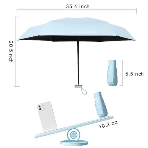 ESUFEIR Mini Travel Sun Umbrella for Purse With Case,Small Compact UV Umbrella Protection Sun,Lightweight Portable Parasol Windproof for Women Men Kids (skyblue) - Image 2