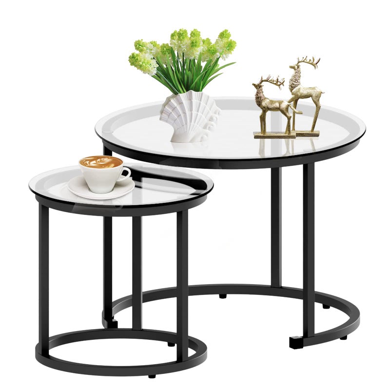 aboxoo Black Nesting Coffee Glass Table Set of 2, Metal Freme Side End Tables for Living Room Bedroom for Apartment Small Place Modern Industrial Simple, 23.6D x 23.6W x 17.7H in - Image 1