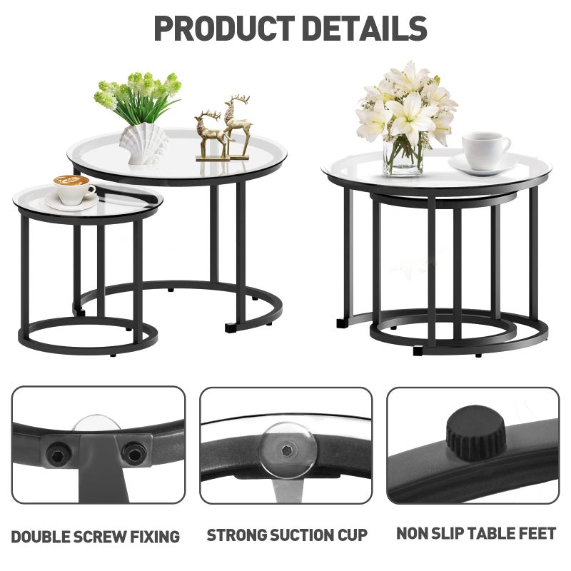 aboxoo Black Nesting Coffee Glass Table Set of 2, Metal Freme Side End Tables for Living Room Bedroom for Apartment Small Place Modern Industrial Simple, 23.6D x 23.6W x 17.7H in - Image 2