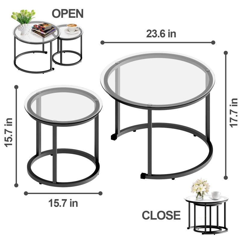 aboxoo Black Nesting Coffee Glass Table Set of 2, Metal Freme Side End Tables for Living Room Bedroom for Apartment Small Place Modern Industrial Simple, 23.6D x 23.6W x 17.7H in - Image 4