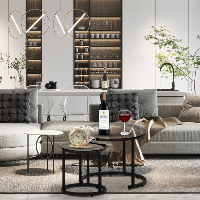 aboxoo Black Nesting Coffee Glass Table Set of 2, Metal Freme Side End Tables for Living Room Bedroom for Apartment Small Place Modern Industrial Simple, 23.6D x 23.6W x 17.7H in - Image 5