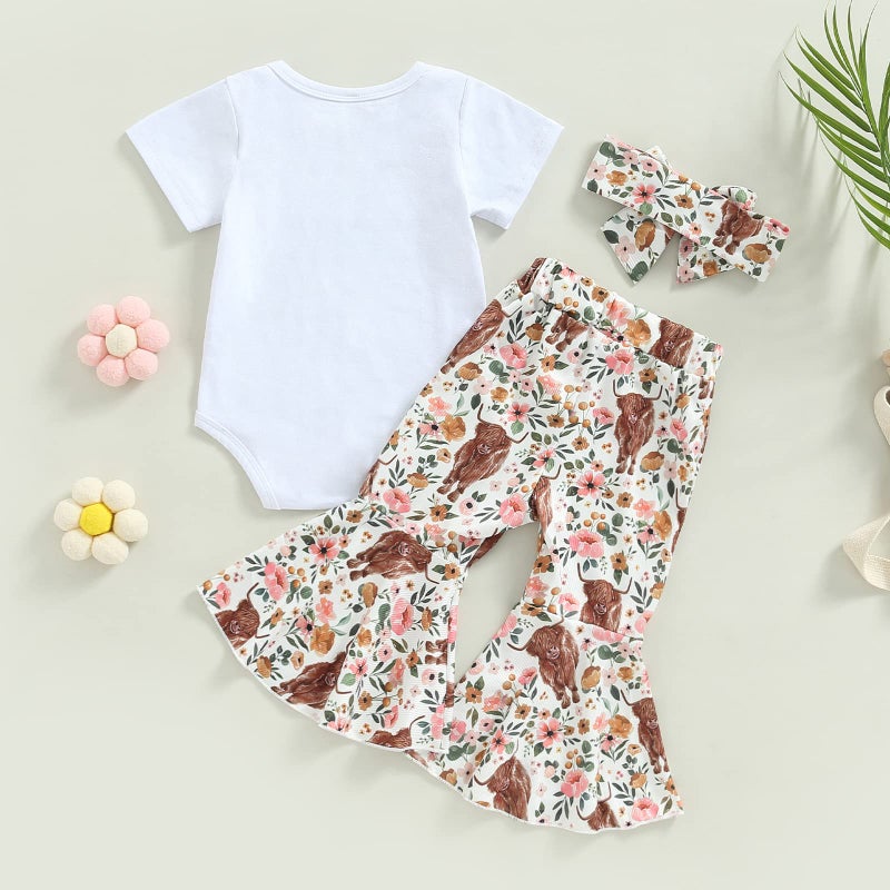Karuedoo Western Baby Girl Clothes Letter Print Short Sleeve Romper Cow Print Flare Pants Headband 3Pcs Summer Outfits Set (White, 6-12 Months) - Image 3