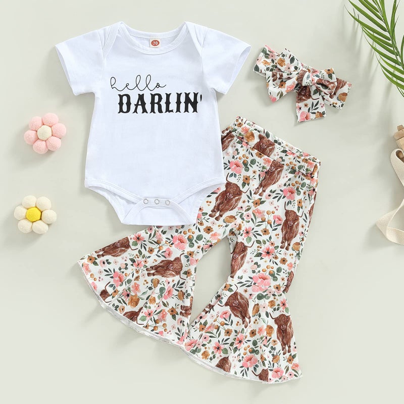 Karuedoo Western Baby Girl Clothes Letter Print Short Sleeve Romper Cow Print Flare Pants Headband 3Pcs Summer Outfits Set (White, 6-12 Months) - Image 2