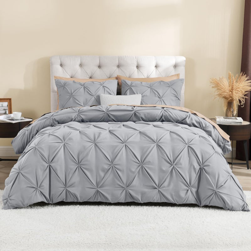 Litanika Silver Grey King Pinch Pleat Duvet Cover, 3 Pieces Pintuck Cover Soft Microfiber Bedding Set with Zipper Closure & Corner Ties(104x90Inch-1 Duvet Cover, 2 Pillowcases) - Image 1