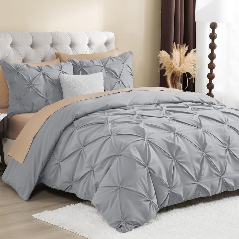 Litanika Silver Grey King Pinch Pleat Duvet Cover, 3 Pieces Pintuck Cover Soft Microfiber Bedding Set with Zipper Closure & Corner Ties(104x90Inch-1 Duvet Cover, 2 Pillowcases) - Image 2