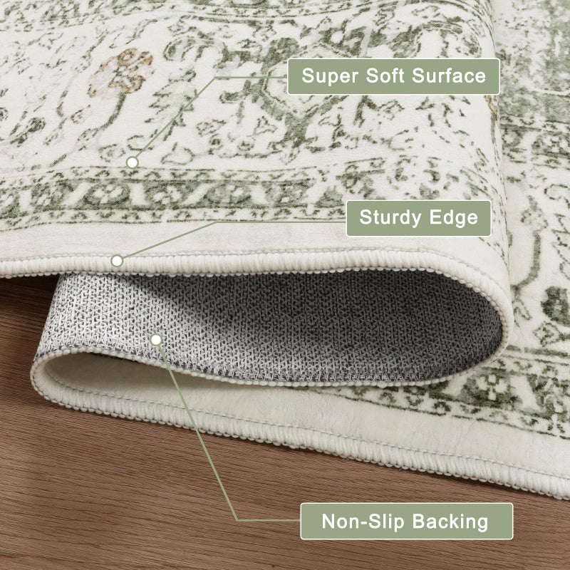 LIVEBOX Sage Green Runner Rug Non-Slip 2.5x8 - Oriental Bedroom Rugs Long Hallway Rugs for Home Decor, Low-Pile Vintage Carpet for Bathroom, Non-Slip Soft Carpet Throw Rug for Laundry Room - Image 5