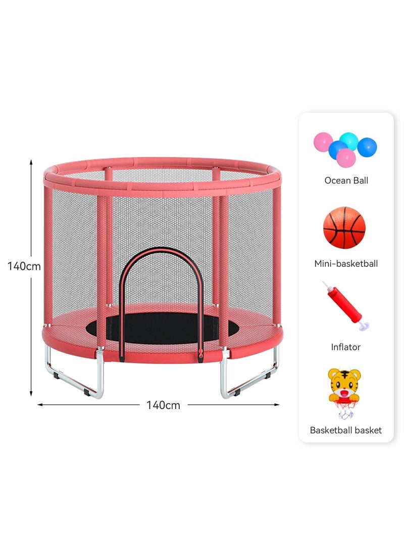 Pokuula - Trampoline for Kids with Safety Enclosure Net, Indoor & Outdoor Toddler Trampoline for Children, Mini Recreational Trampoline with Basketball Hoop, 360° Protection, Easy to Assemble，1.4m Red - Image 1