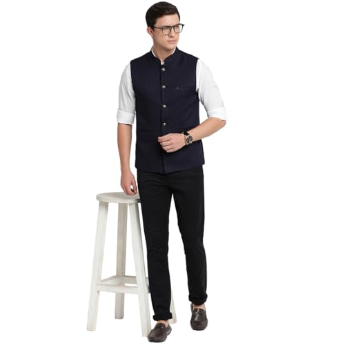 Turtle Men Polyster Navy Blue Dobby Print Formal Nehru Jacket - Image 5