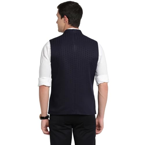 Turtle Men Polyster Navy Blue Dobby Print Formal Nehru Jacket - Image 2