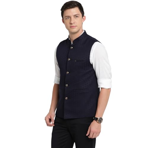 Turtle Men Polyster Navy Blue Dobby Print Formal Nehru Jacket - Image 4
