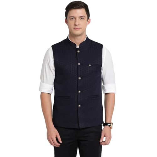 Turtle Men Polyster Navy Blue Dobby Print Formal Nehru Jacket - Image 1