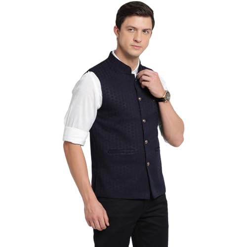 Turtle Men Polyster Navy Blue Dobby Print Formal Nehru Jacket - Image 3
