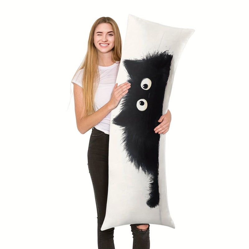 Giant Fluffy Black Cat Body Pillow Cover 20x54 Double Sided Print Soft - Image 1